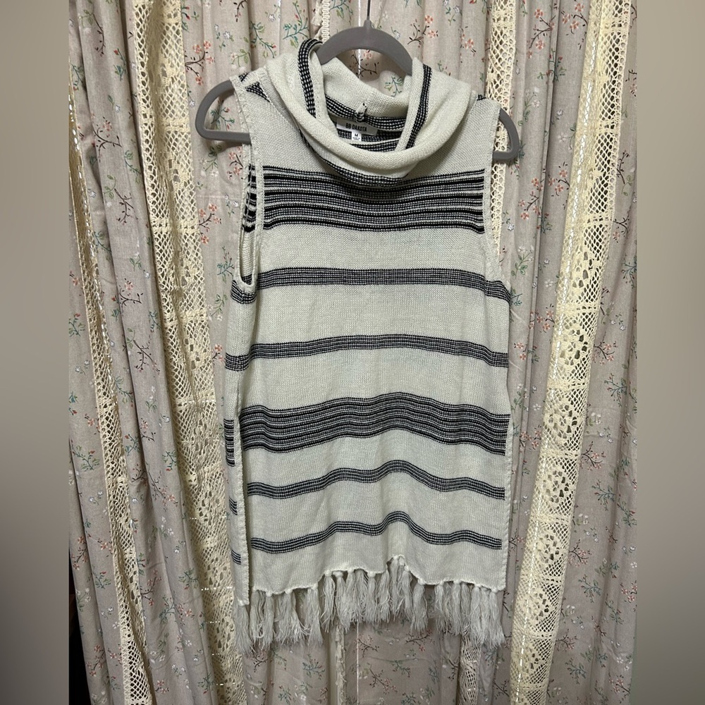 BB Dakota Ivory & Charcoal Striped Fringe Cowl Neck Sweater Tunic Medium